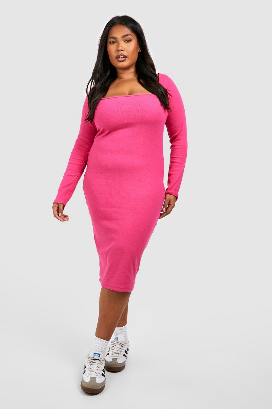 Hot pink Plus Rib Square Neck Midi Dress