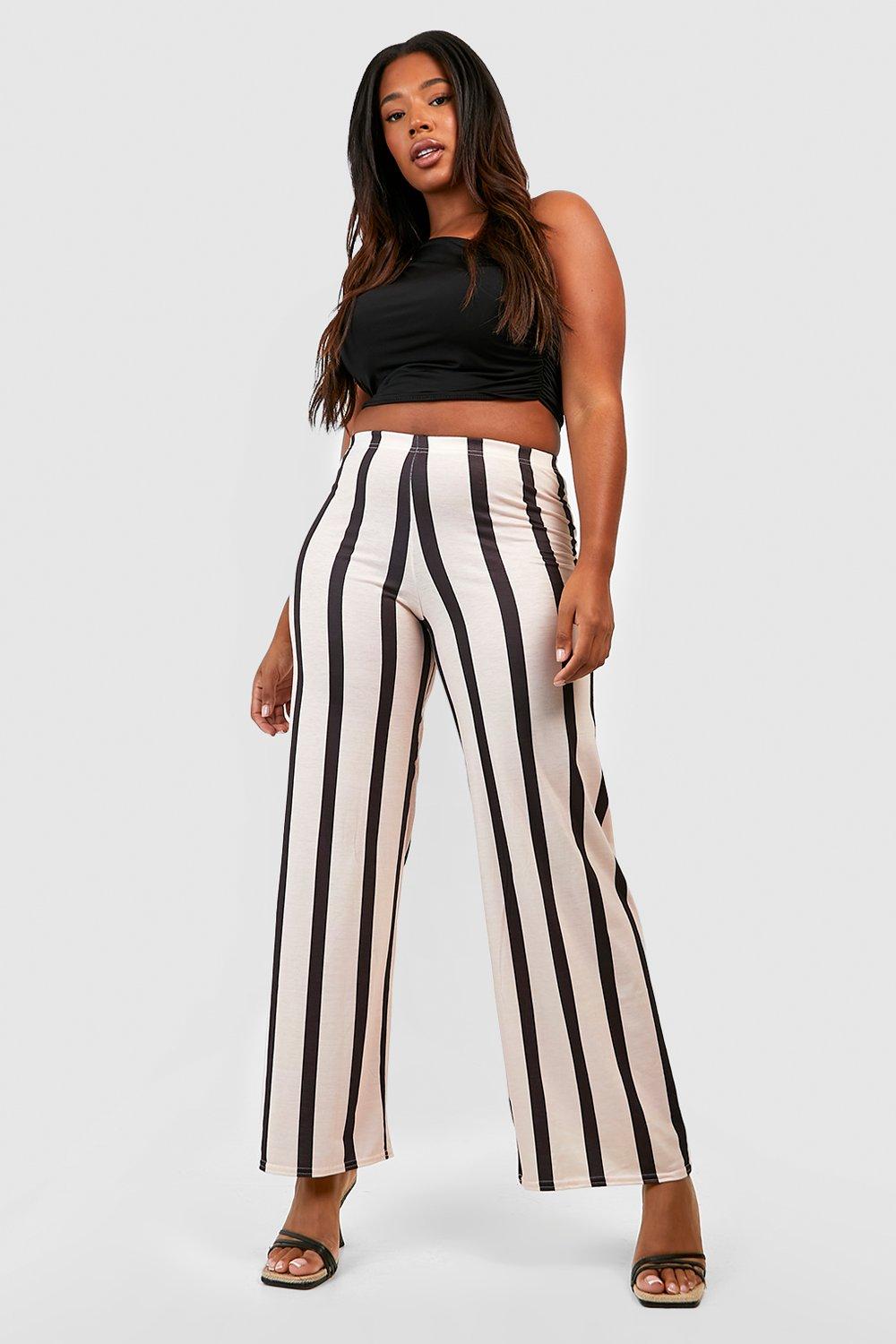 Plus Black Striped High Waisted Wide Leg Trousers