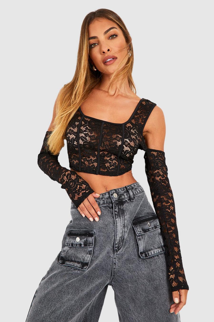Top in pizzo con cut-out sulle spalle, Black image number 1