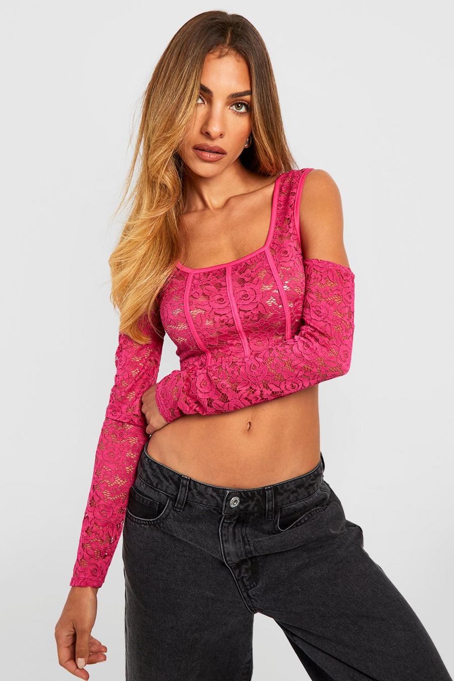 Hot pink Lace Cut Out Shoulder Top 