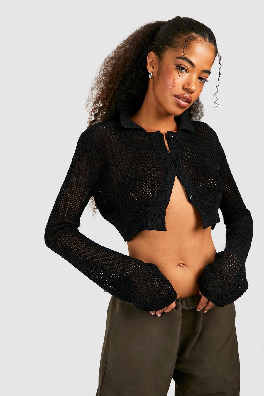 Black Crochet Collar Detail Crop Cardigan