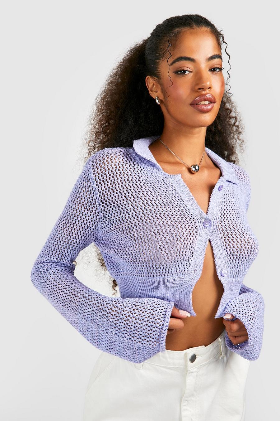 Lilac Crochet Collar Detail Crop Cardigan image number 1