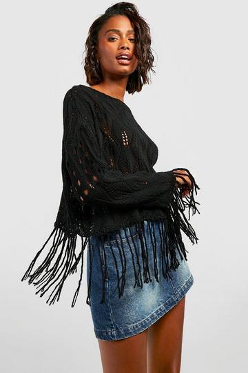 Black Crochet Tassel Hem Crop Sweater