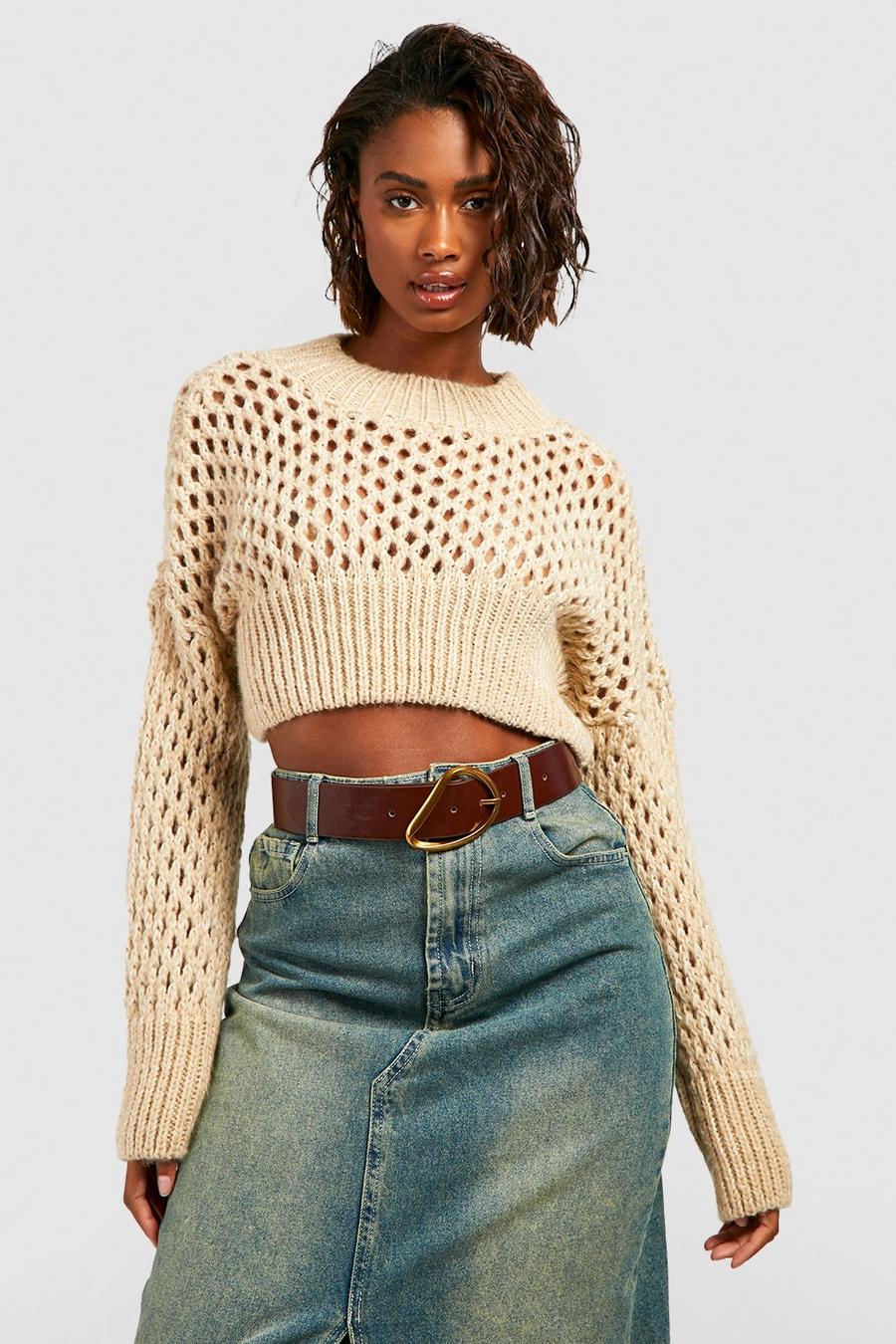 Stone beige Soft Knit Crochet Crop Sweater