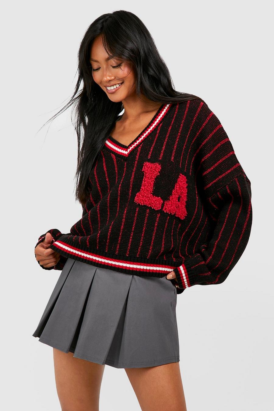 Black La Varsity Badge Cable Knit Crop Sweater image number 1