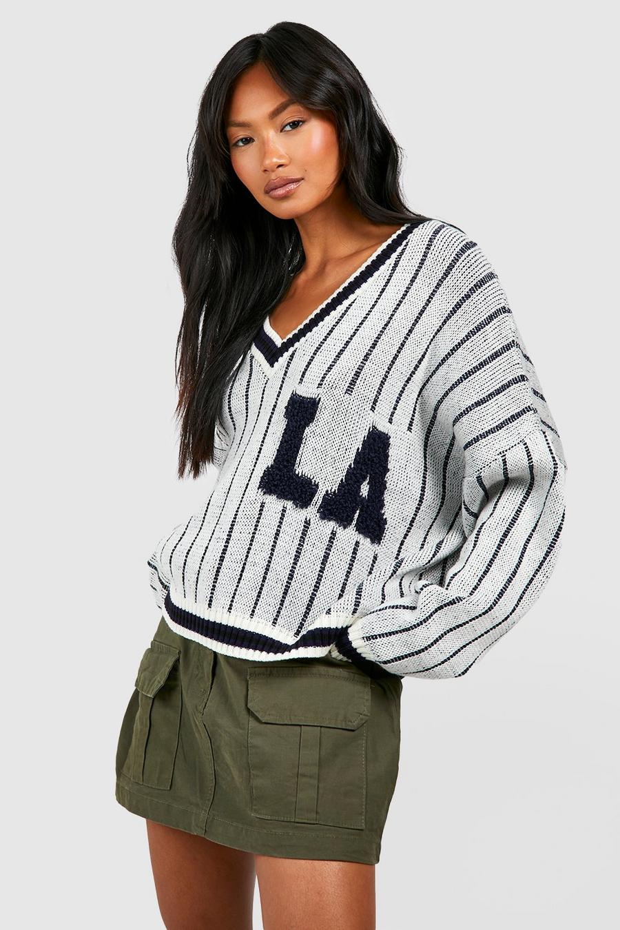 Ivory La Varsity Badge Cable Knit Crop Sweater image number 1