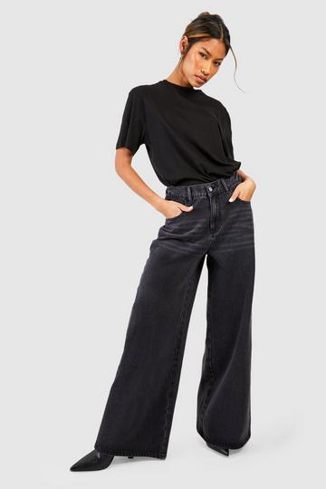 Whisker Detail High Waisted Wide Leg Jeans black