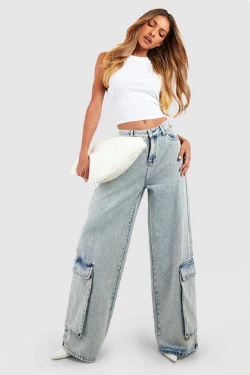 Light Brown Acid Wash Wide Leg Cargo Jeans