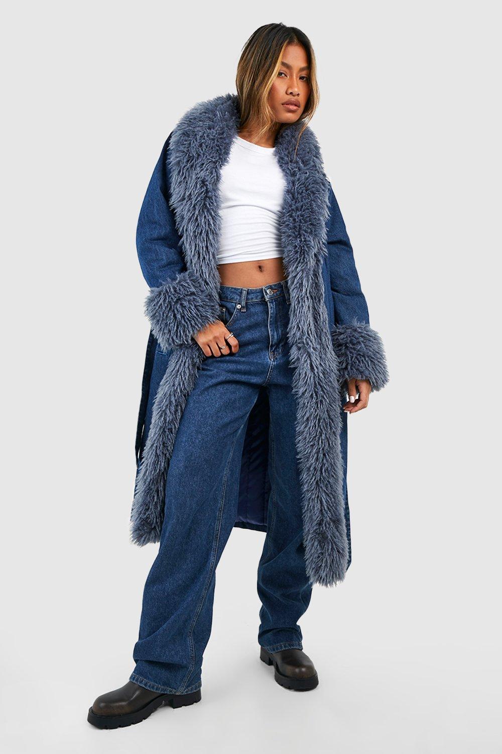 Shaggy Faux Fur Trim Denim Trench Coat