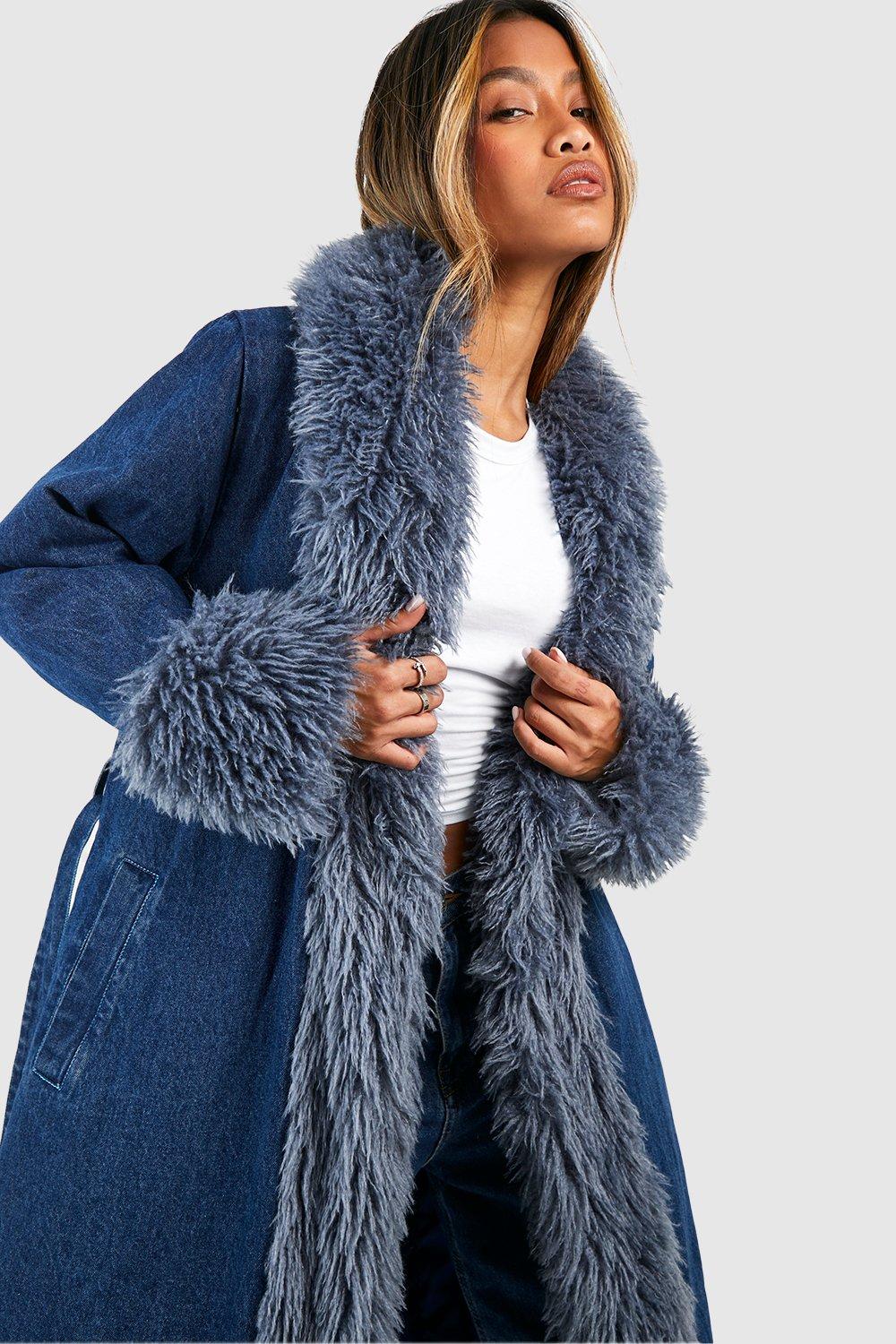 Denim coat with fur on sale