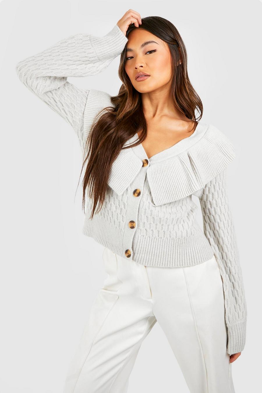 Silver Ruffle Collar Cable Knit Cardigan image number 1