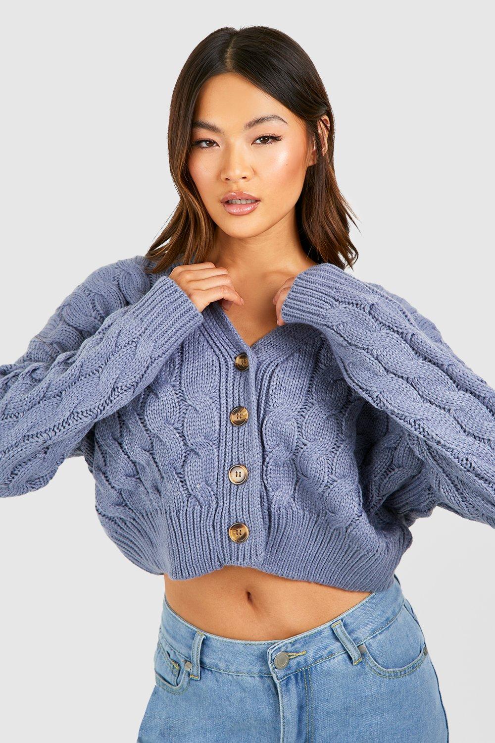 Cropped Cable-Knit Cardigan Sweater for Women