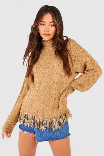 Camel Beige Fringe Hem Turtleneck Cable Knit Sweater