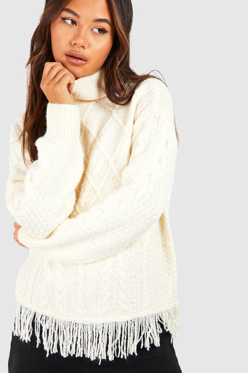 Fringe Hem Roll Neck Cable Knit Jumper