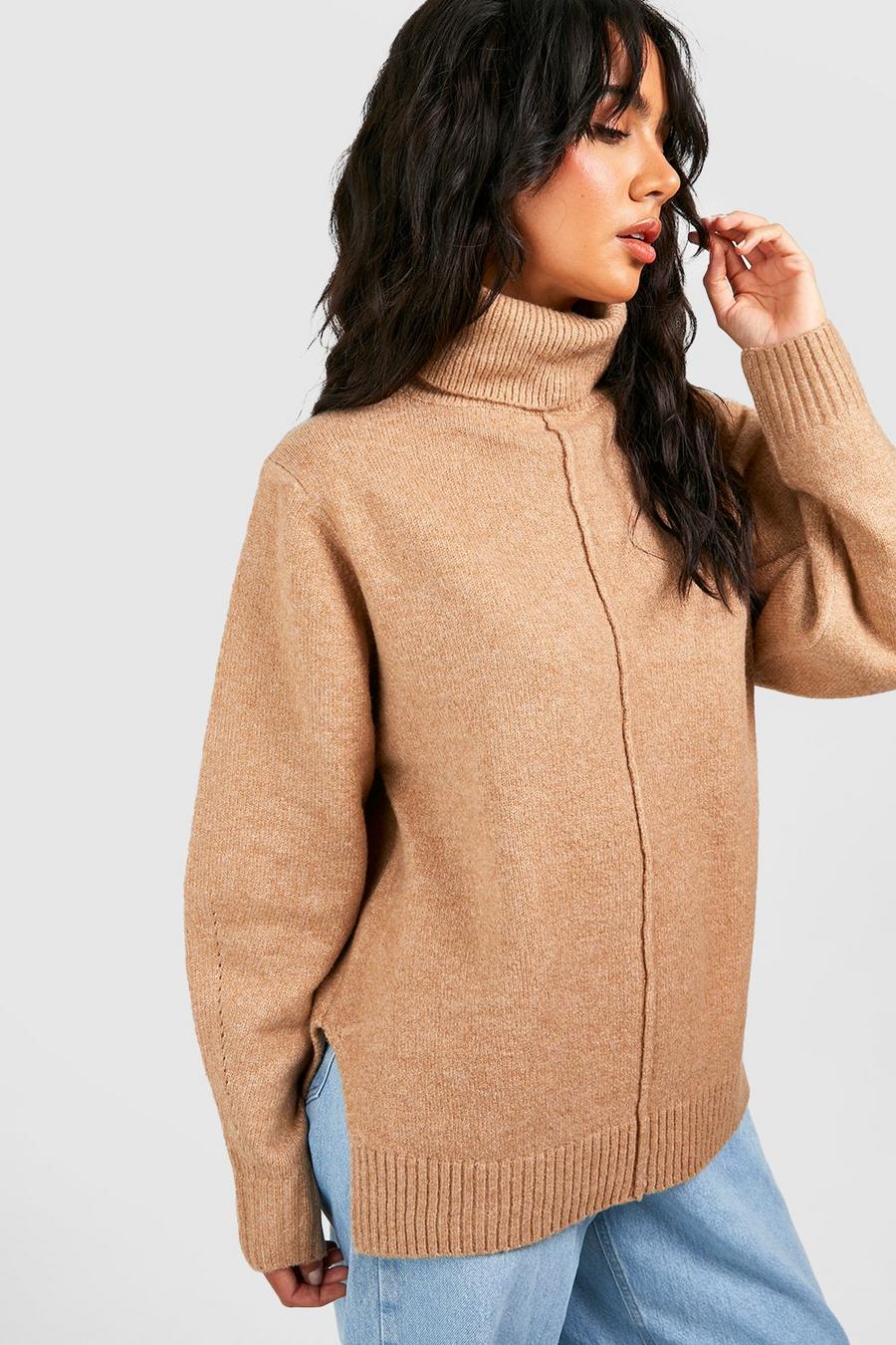 Camel beige Seam Detail Turtleneck Sweater