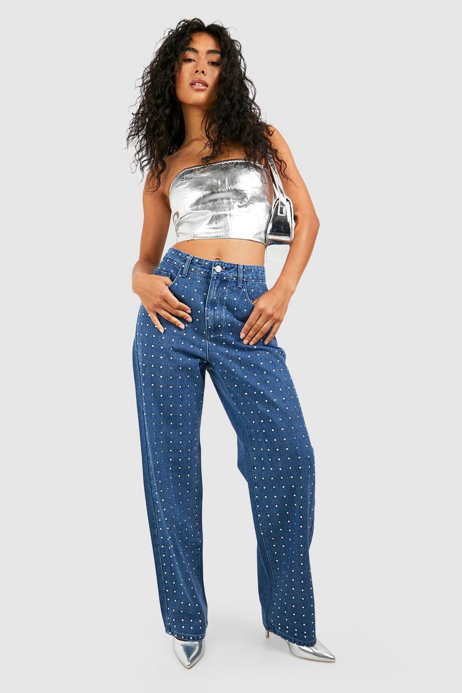 Mom-Jeans mit hohem Bund und Strass, Mid blue image number 1