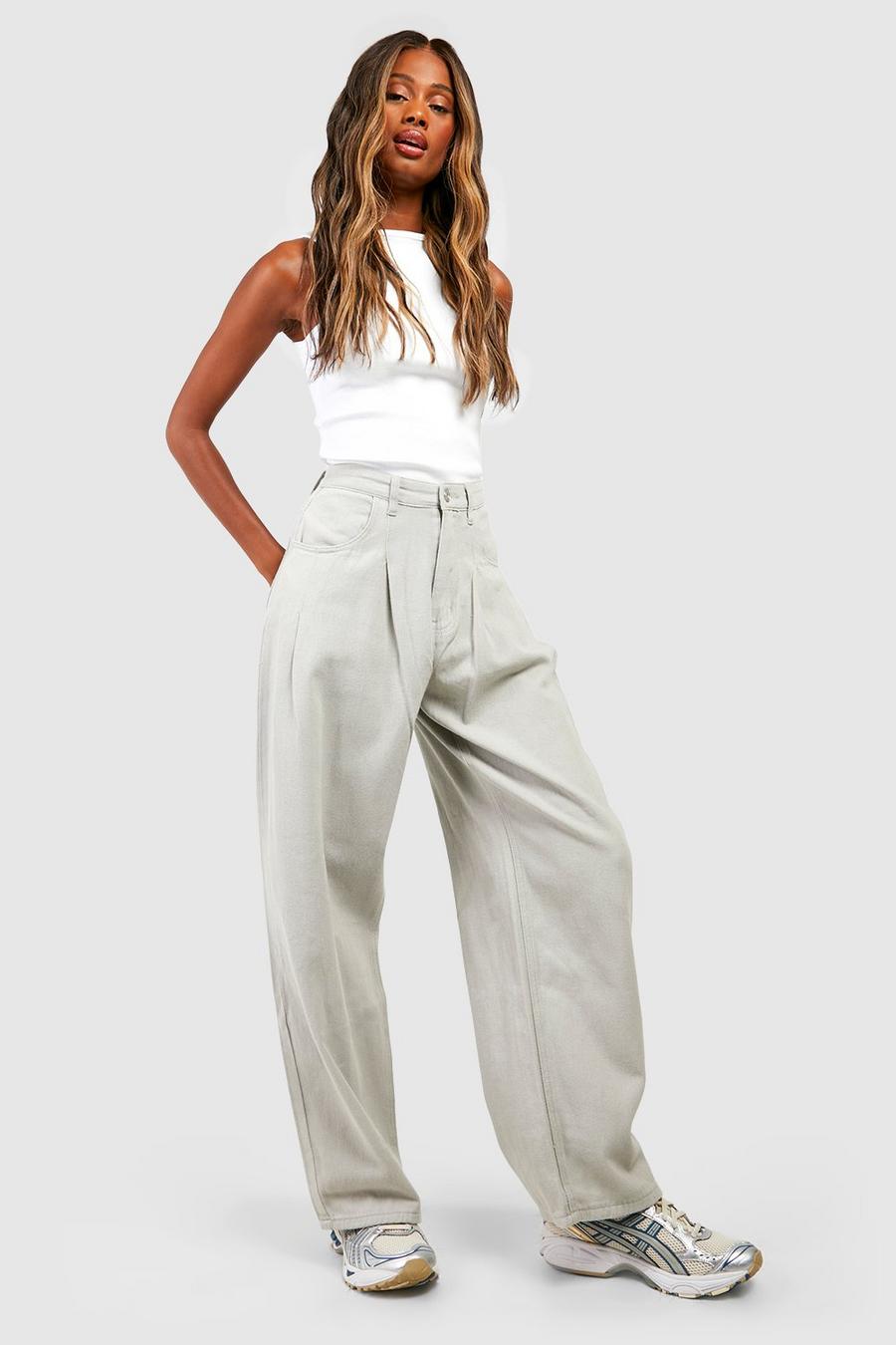 Pale grey Pleated Waist Wide Leg Jeans image number 1