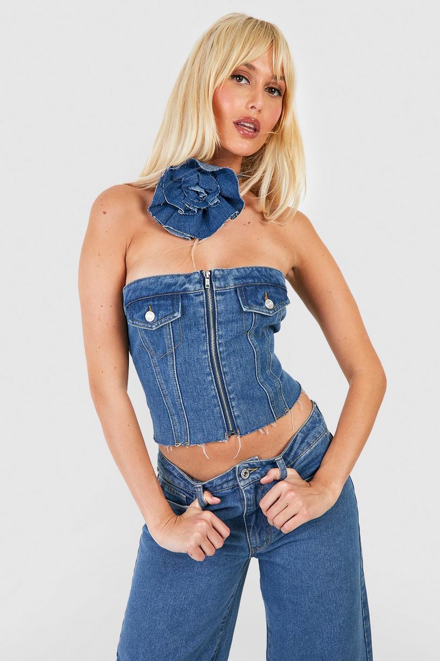 Mid blue Zip Through Denim Corset Top With Rose Corsage Choker  image number 1