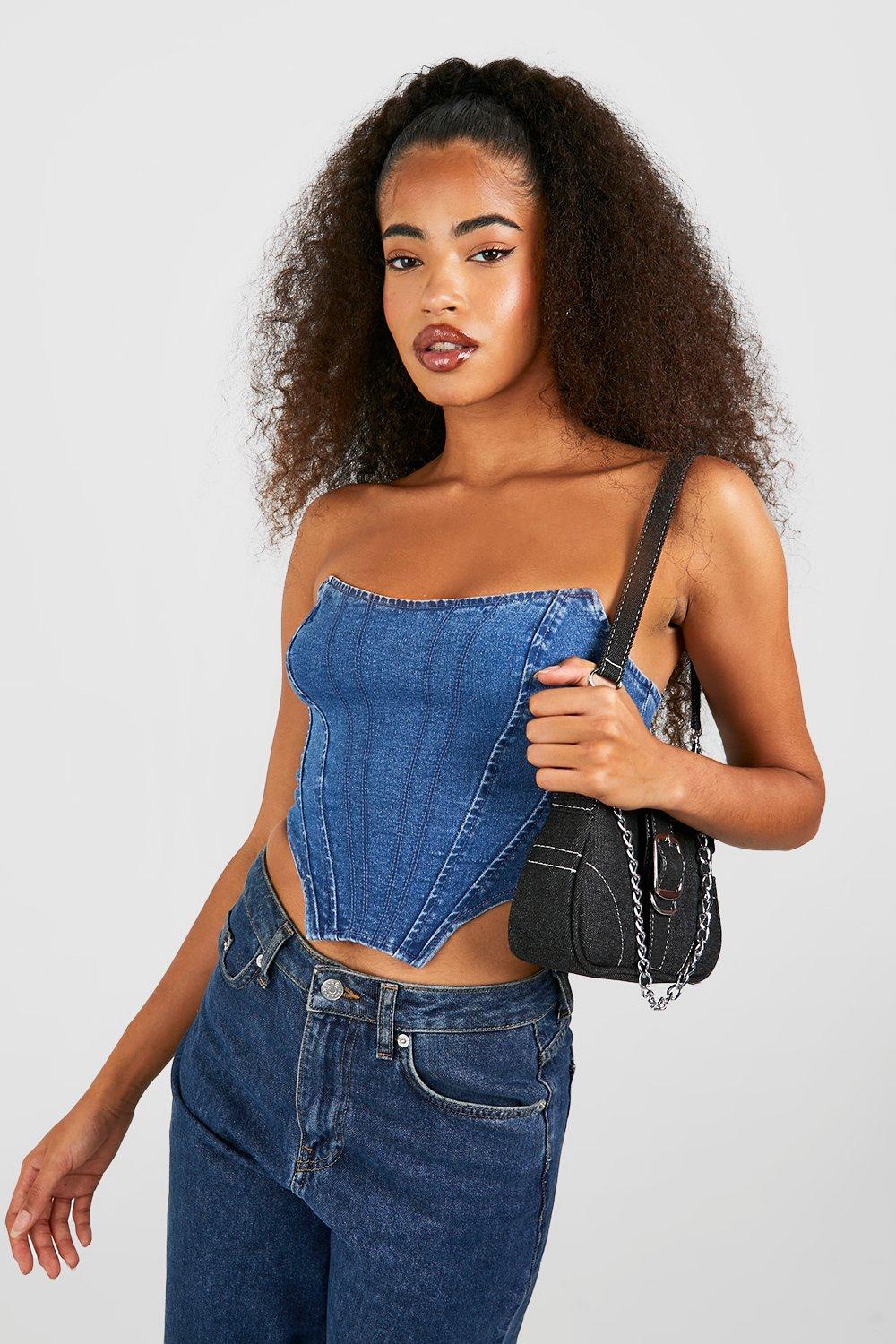 Seamed Detail Cropped Denim Corset Top