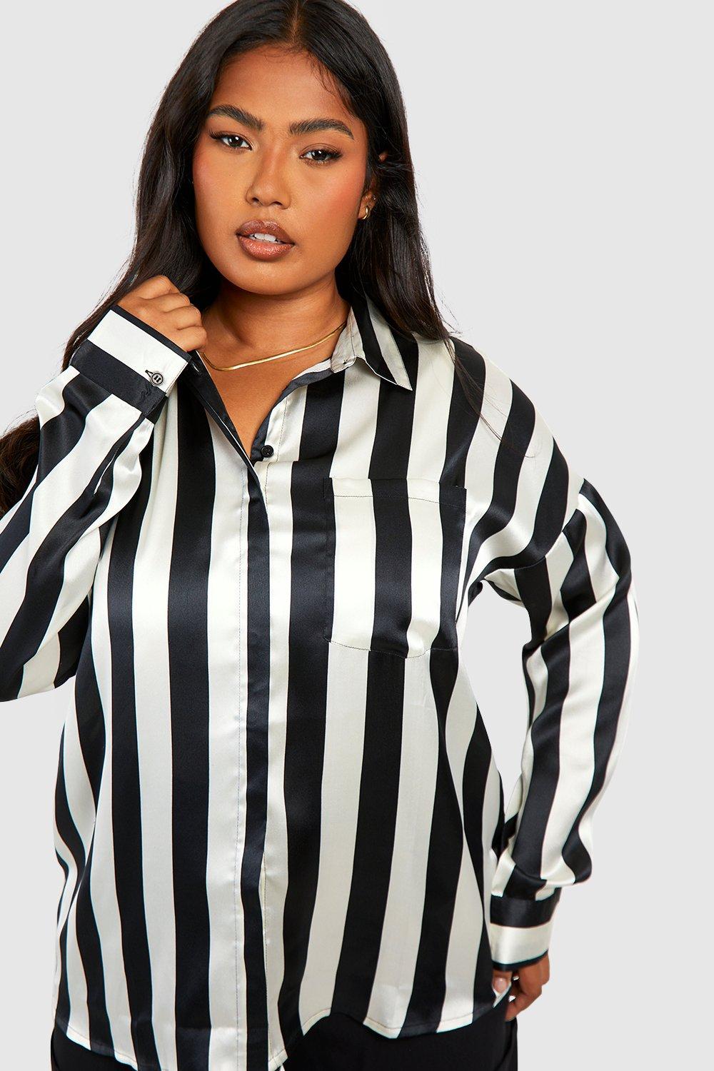 Black and white striped shirt plus size sale