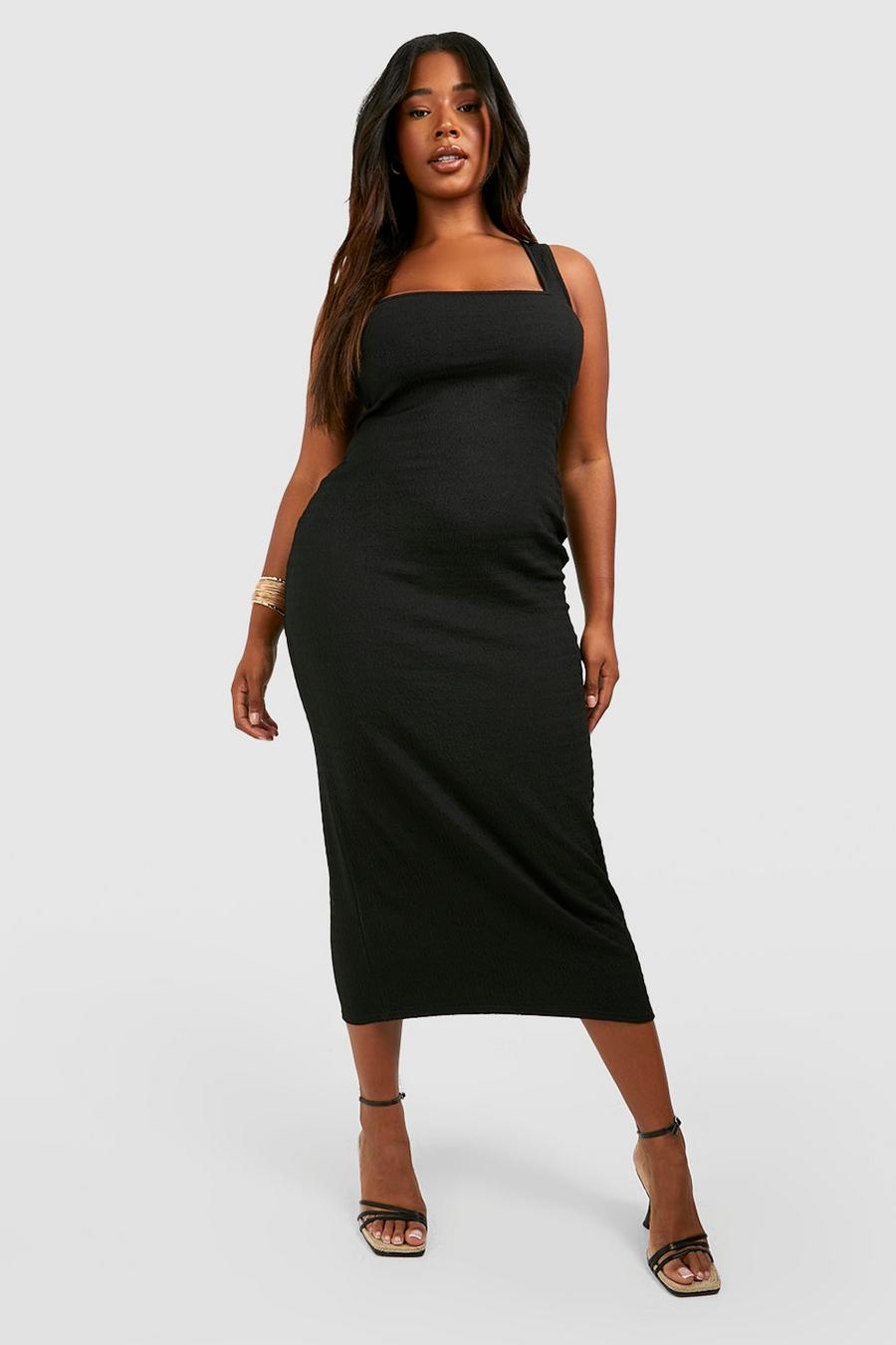Vestito longuette Plus Size a coste effetto goffrato con scollo quadrato, Black image number 1