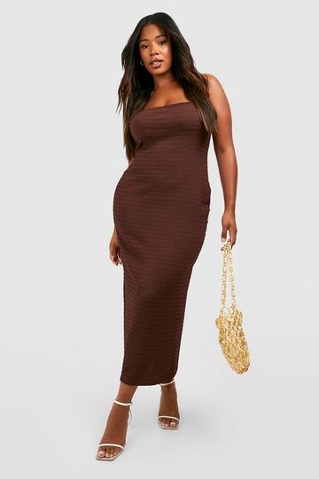 Chocolate Brown Plus Crinkle Rib Square Neck Midaxi Dress