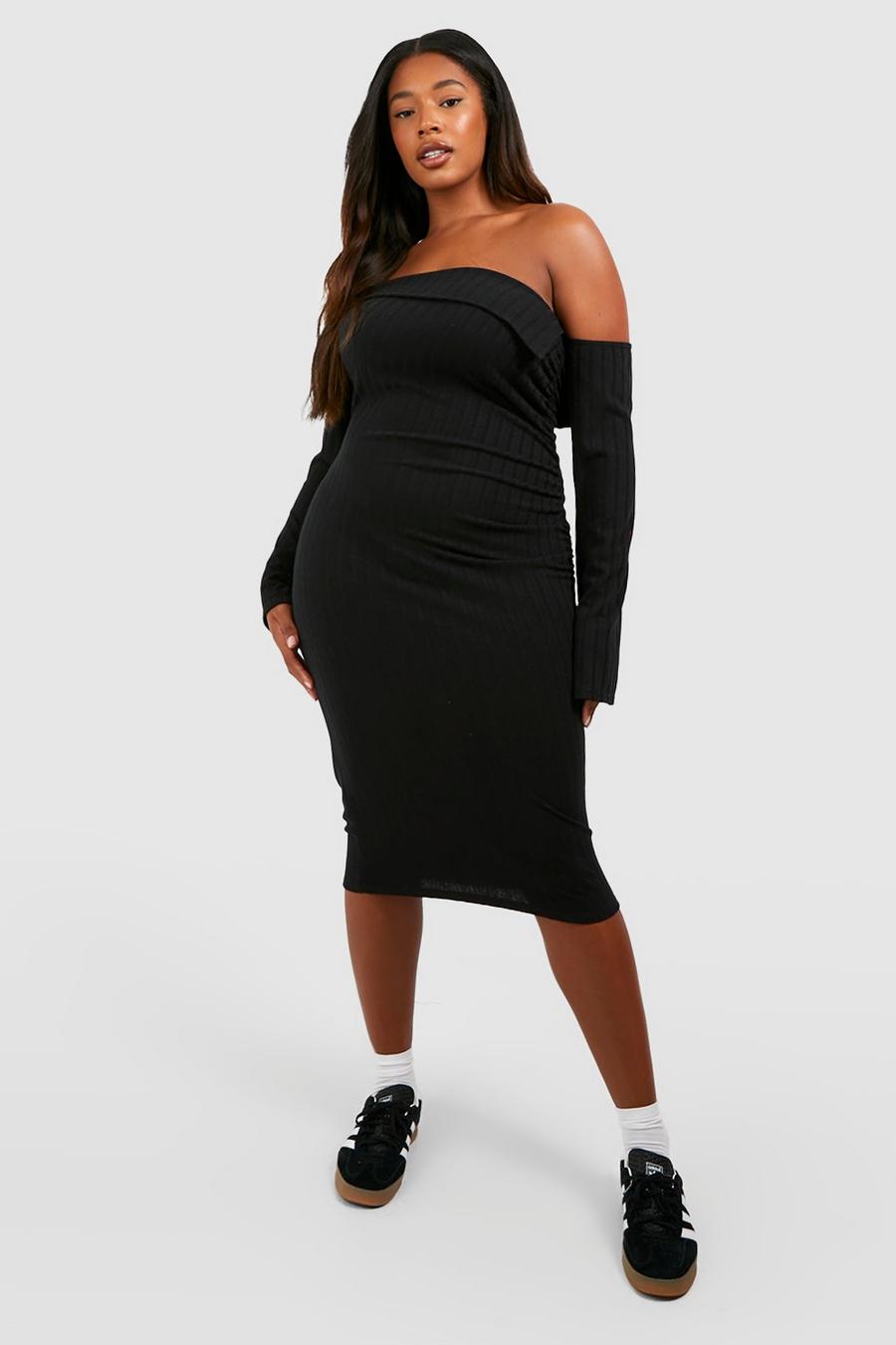 Black Plus Wide Rib Off Shoulder Ruched Side Midi Dress image number 1