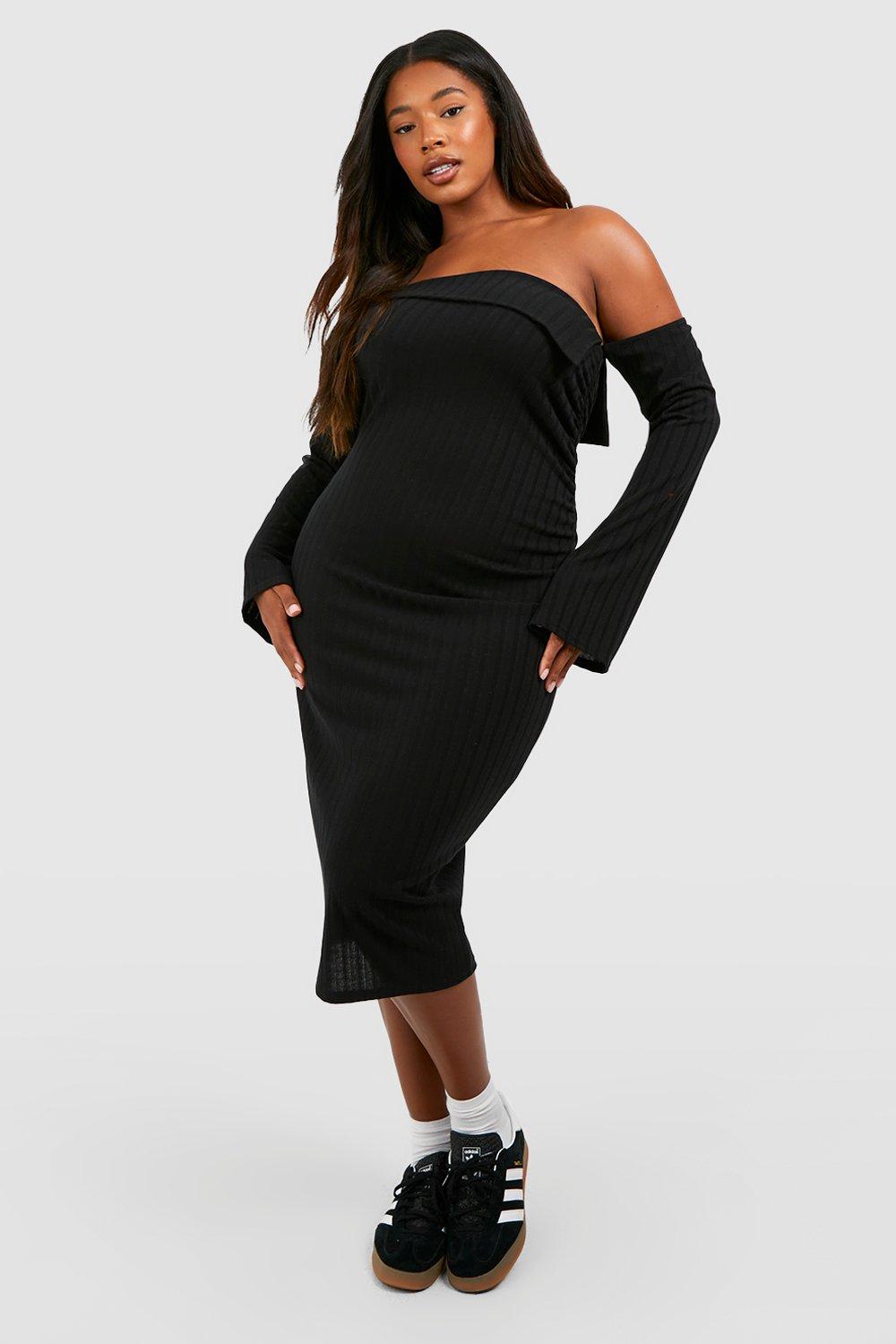 OFF THE SHOULDER RUCHED MIDI DRESS - Black