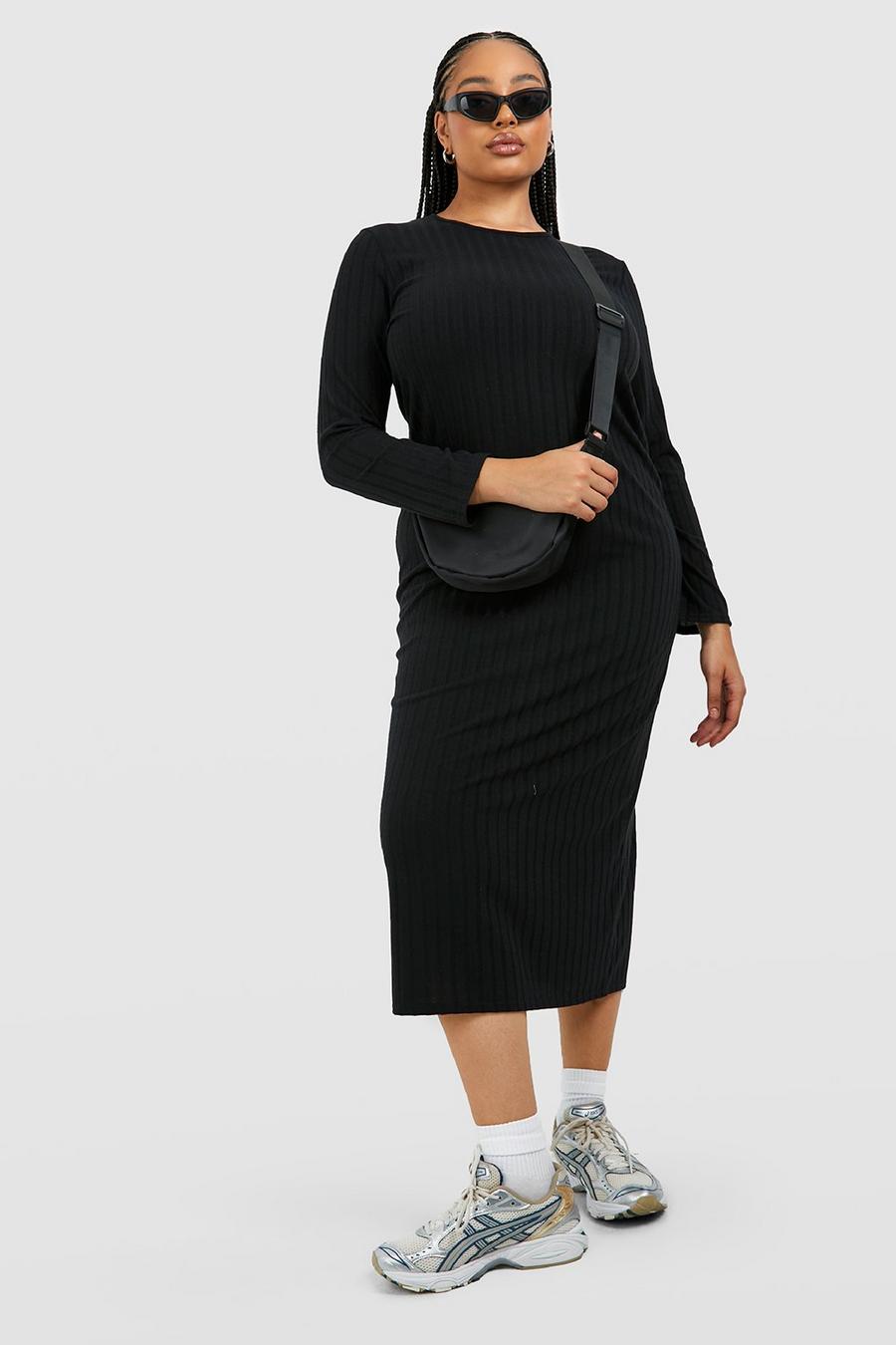 Black Plus Wide Rib Long Sleeve Loose Midaxi Dress