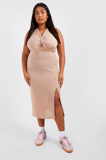 Stone Beige Plus Textured Twist Rib Split Midi Dress