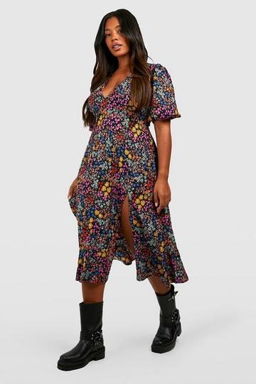 Plus Gesmokte Bloemen Midi Jurk black