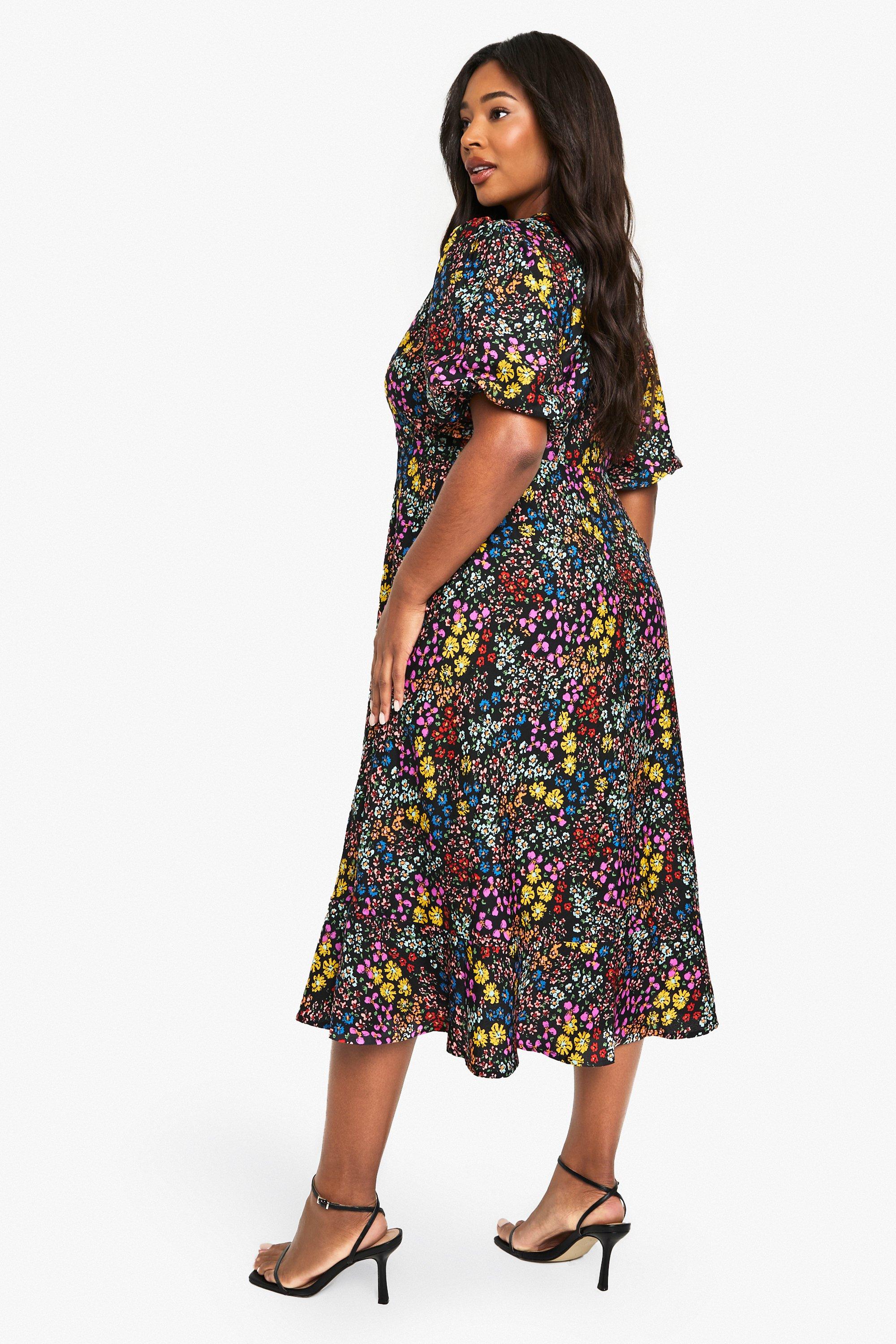 Black floral smock dress hotsell