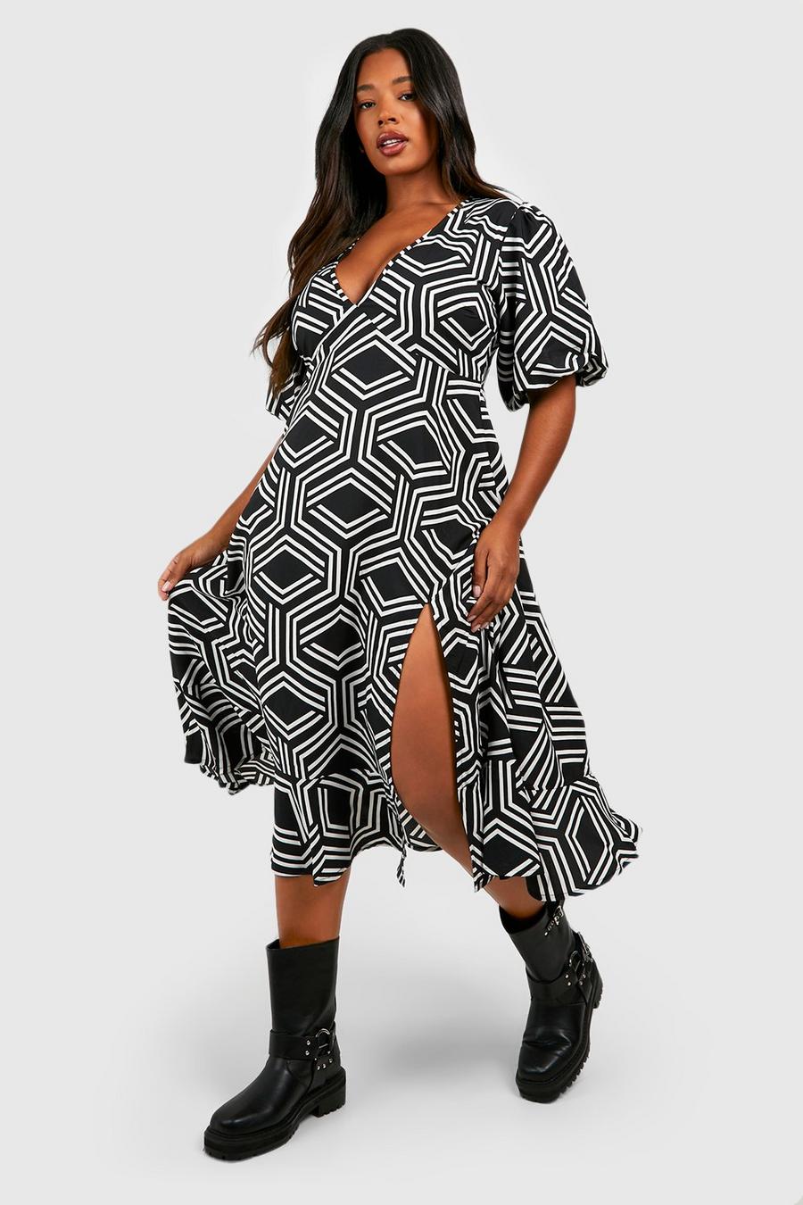 Black Plus Mono Print Midi Smock Dress image number 1