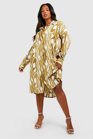 Plus Woven Zebra Print Midi Shirt Dress khaki