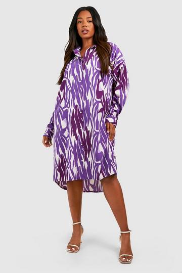 Plus Woven Zebra Print Midi Shirt Dress purple