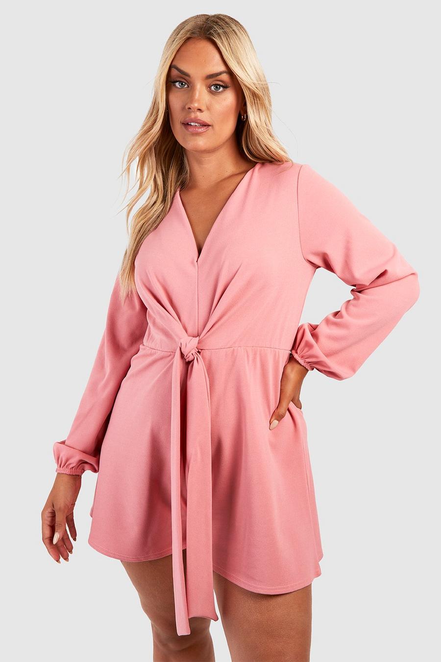 Rose pink Plus Scuba Crepe Tie Front Blouson Sleeve Playsuit