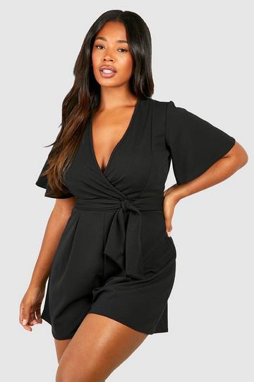 Plus Scuba Crepe Angel Sleeve Tie Belt Flippy Romper black