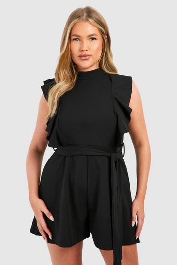 Black Plus Scuba Crepe Tie Belt Ruffle Romper