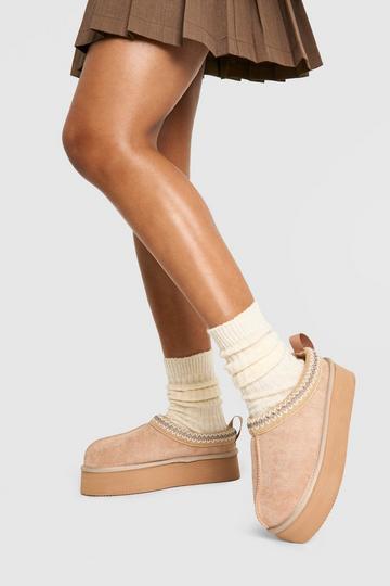 Embroidered Detailing Platform Slip On Cozy Mules mocha