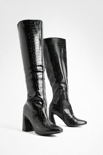 Wide Fit Croc Flared Heel Knee High Boots