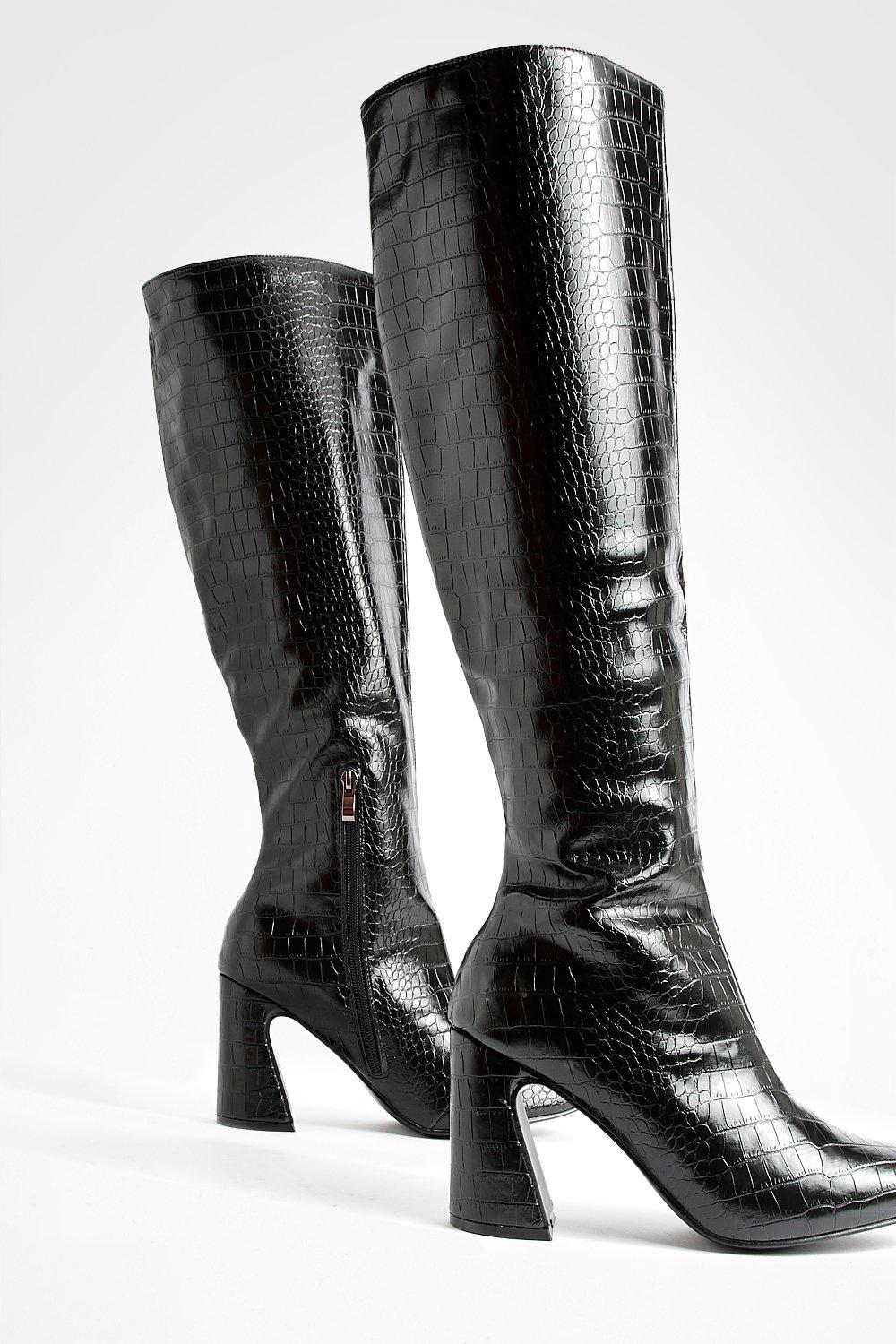 Wide Fit Croc Flared Heel Knee High Boots | Boohoo UK