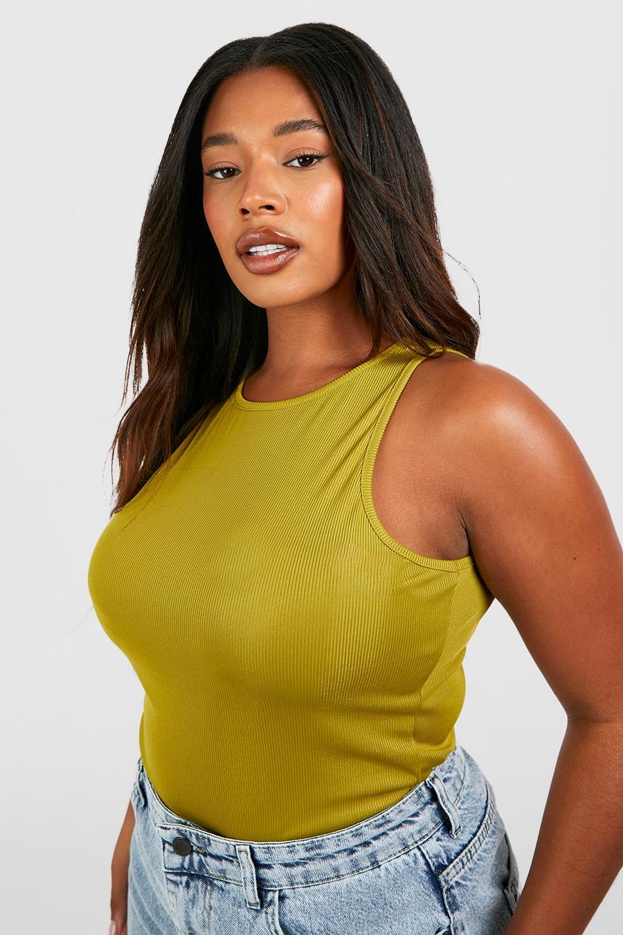 Olive green Plus Rib Racer Neck Top