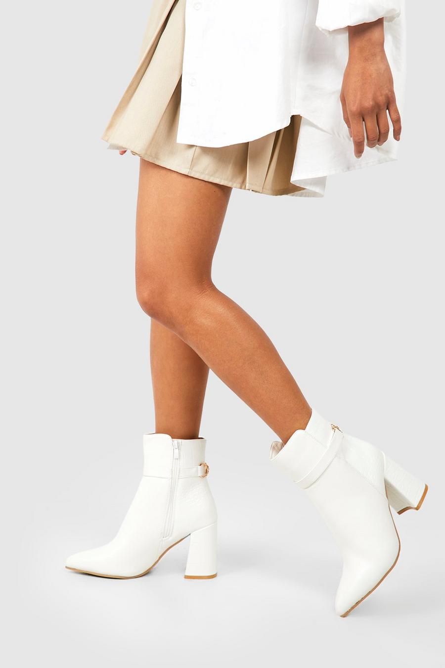 White Contrast Metal Detail Block Heel Boots