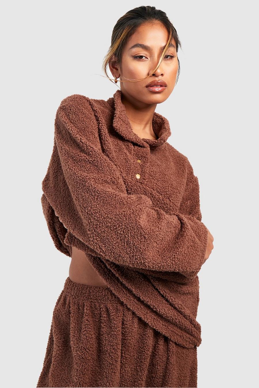 Chocolate brown Fluffy Collared Lounge Sweatshirt 