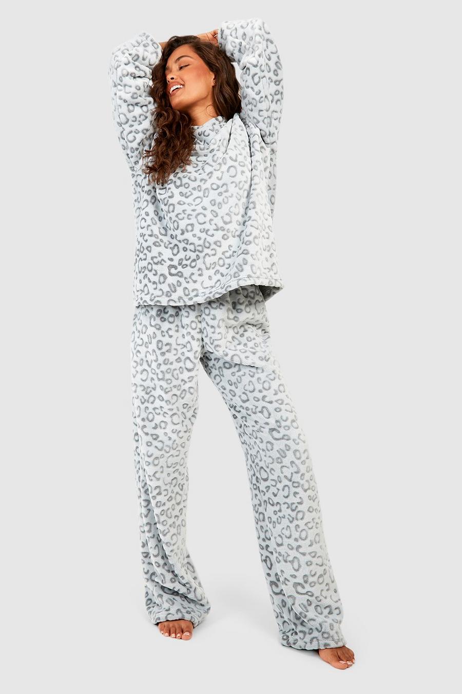 Pantalón deportivo para estar en casa de forro polar con estampado de leopardo, Grey grigio