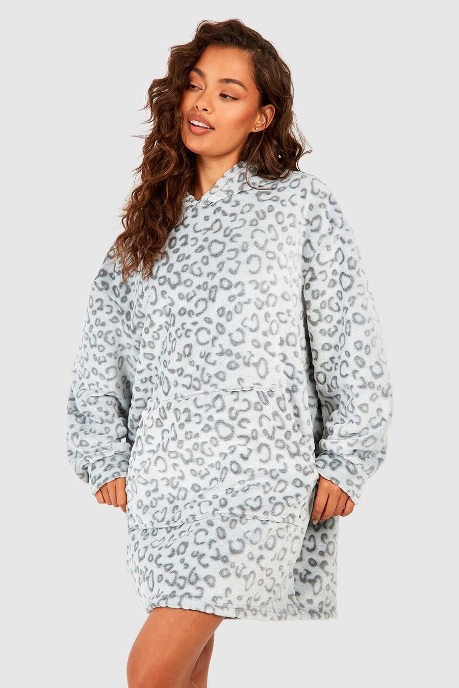 Felpa oversize Loungewear da casa in fleece leopardata con cappuccio, Grey image number 1