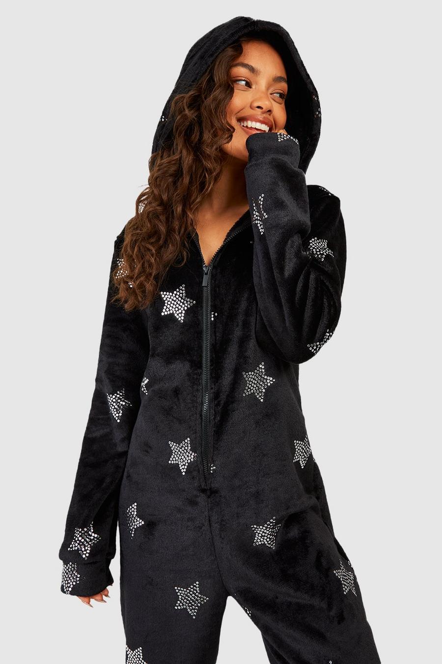 Pijama enterizo de forro polar con estrella, Black image number 1