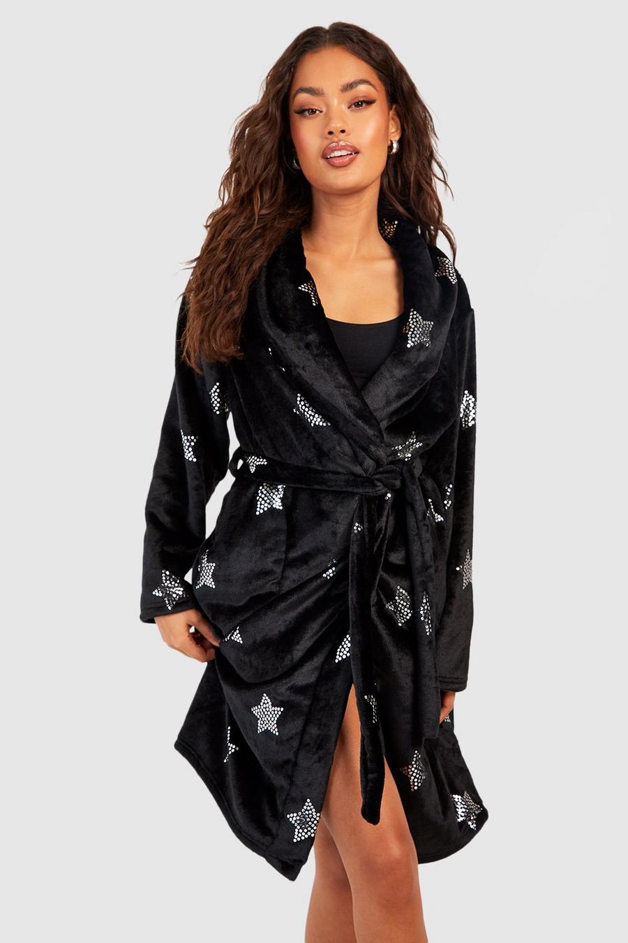 Black schwarz Star Detail Fleece Short Dressing Gown 