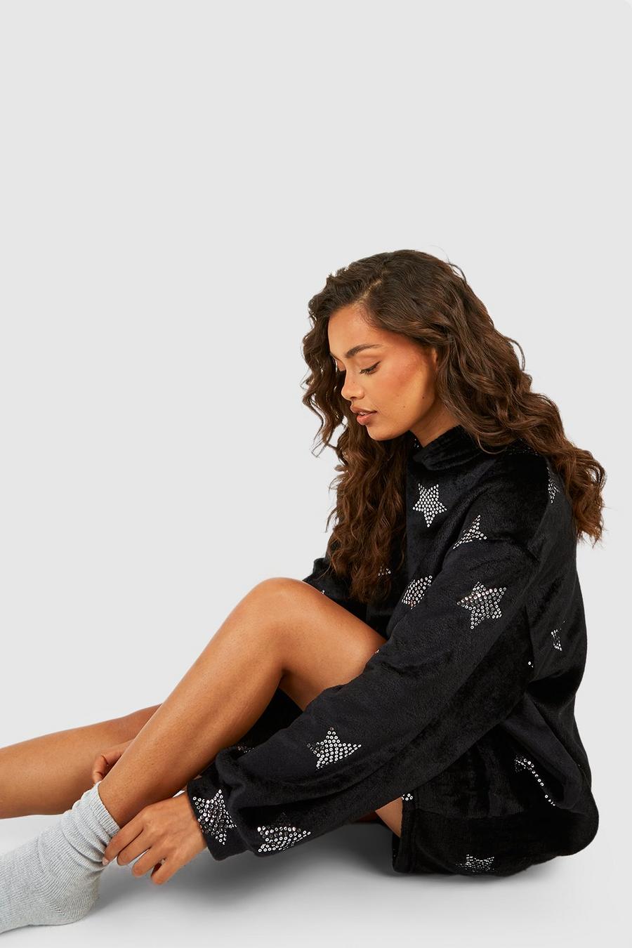 Black Star Detail Fleece Loungewear Oversized Blanket Hoodie