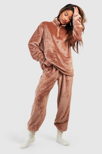 Fleece Loungewear Joggingbroek Met Korte Rits chocolate